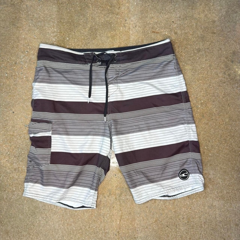 O'Neill Mens Board Shorts Size 34 Brown Grey Striped Cargo Pocket Swim Trunks